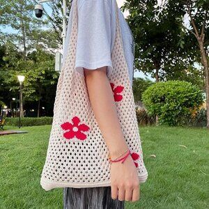 Crochet Mesh Beach Tote Bag Beige Flower